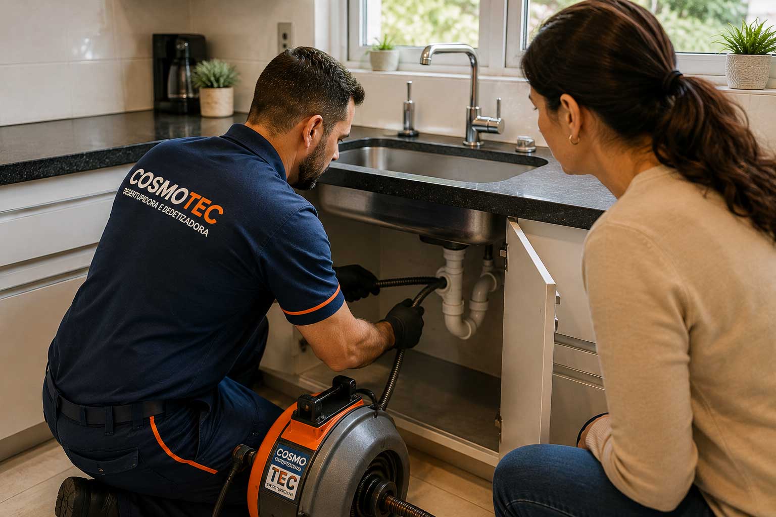 Profissional realizando serviço de desentupimento na residência do cliente