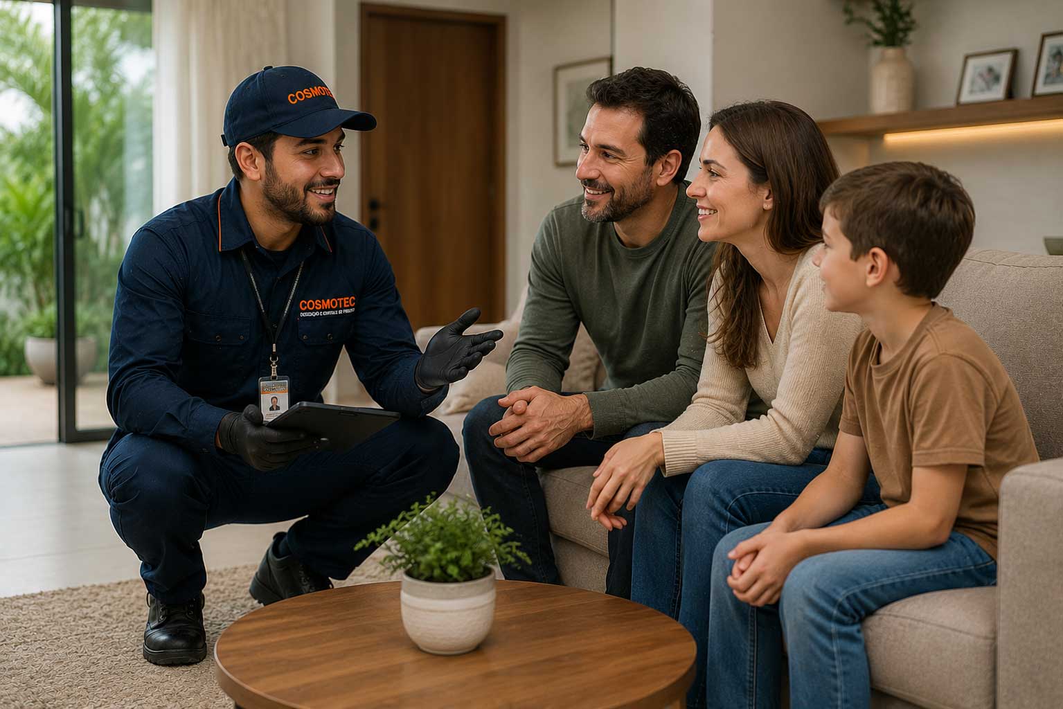 Profissional Cosmotec orientando família sobre serviço de dedetização