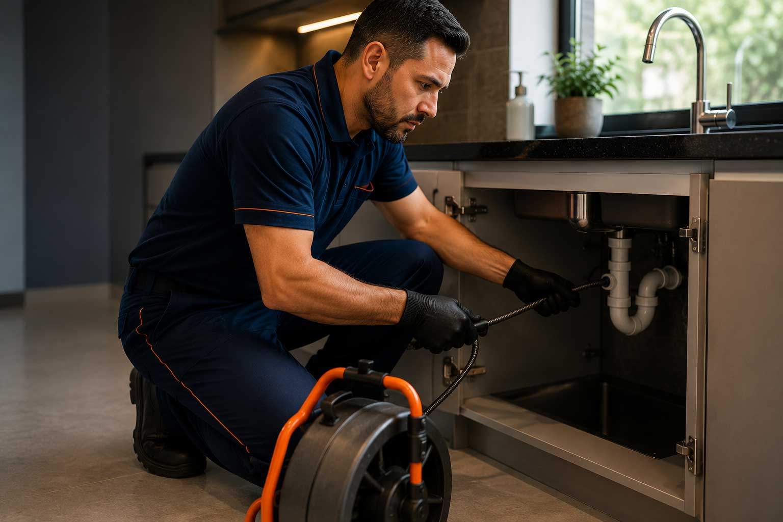 Profissional realizando serviço de desentupimento com equipamentos adequados